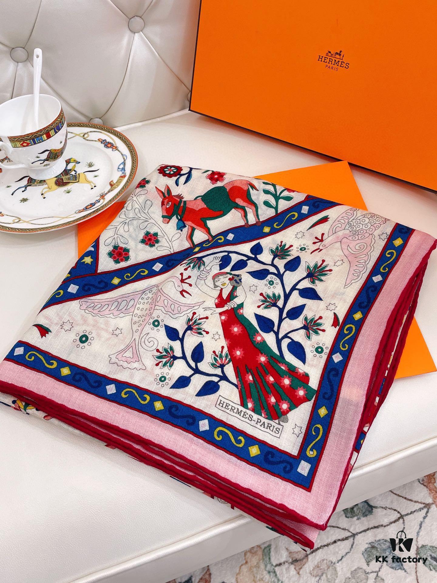 Hermes Wind People Cashmere Scarf - Top Craftsmanship, 70% Cashmere + 30% Silk, 140cm x 140cm