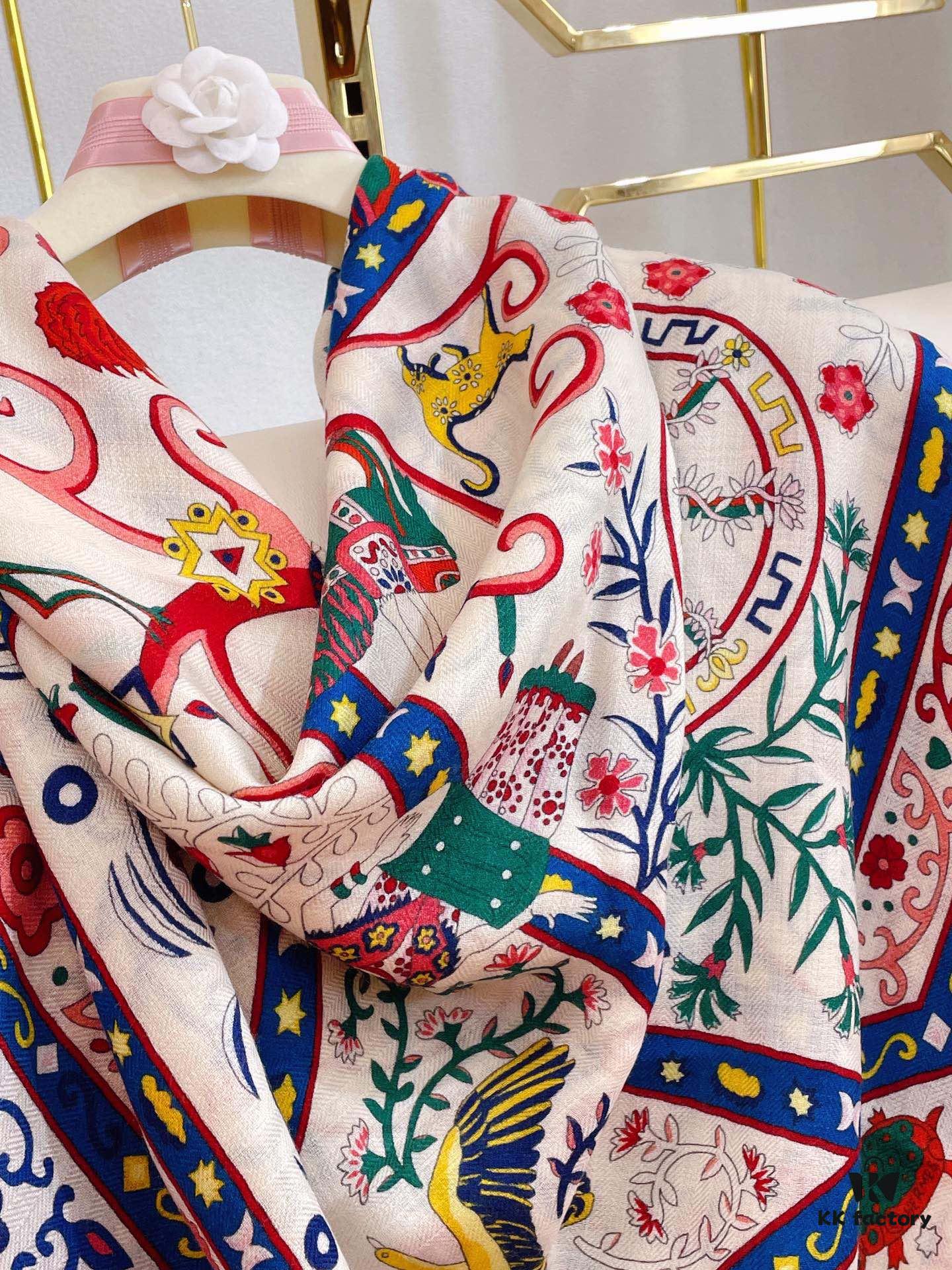 Hermes Wind People Cashmere Scarf - Top Craftsmanship, 70% Cashmere + 30% Silk, 140cm x 140cm