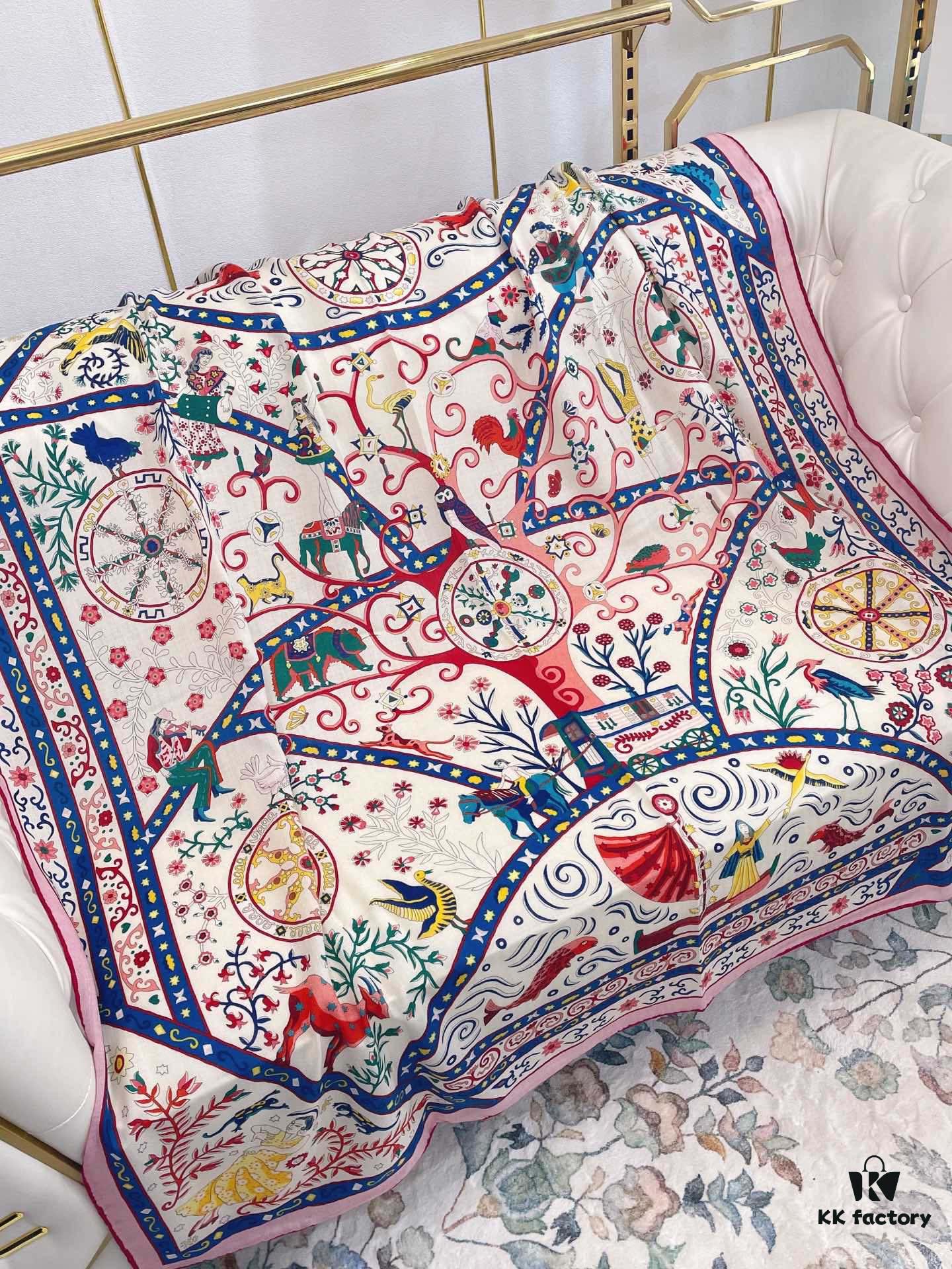 Hermes Wind People Cashmere Scarf - Top Craftsmanship, 70% Cashmere + 30% Silk, 140cm x 140cm