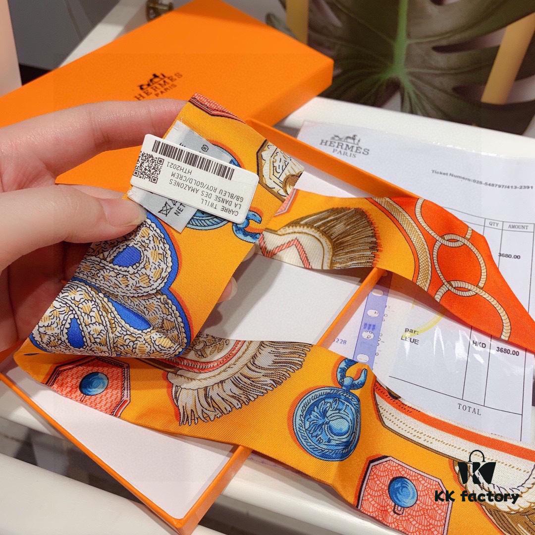 Hermes Twilly with Original Packaging, Rare Original Logo Design, 5*86cm, 100% Silk Twill