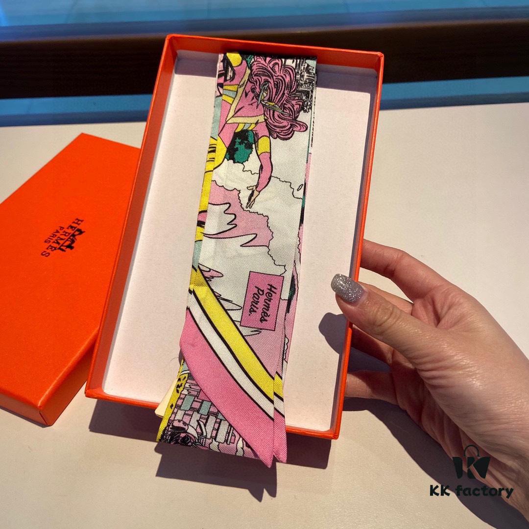 Hermès WOW Silk Hair Band - Dual-Sided Design, 100% Twill Silk, Scarf for Neck, Wrist, Waist or Bag Accessory