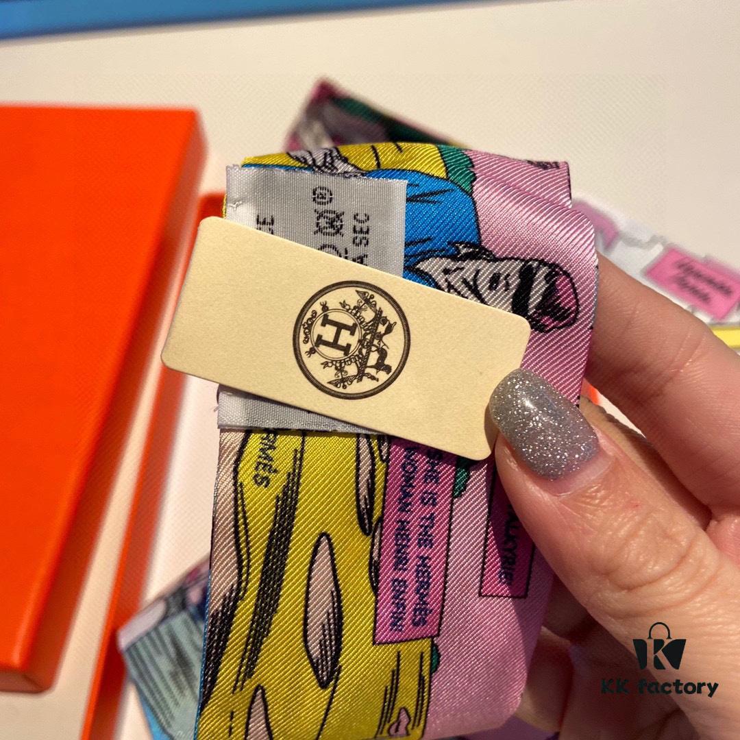 Hermès WOW Silk Hair Band - Dual-Sided Design, 100% Twill Silk, Scarf for Neck, Wrist, Waist or Bag Accessory