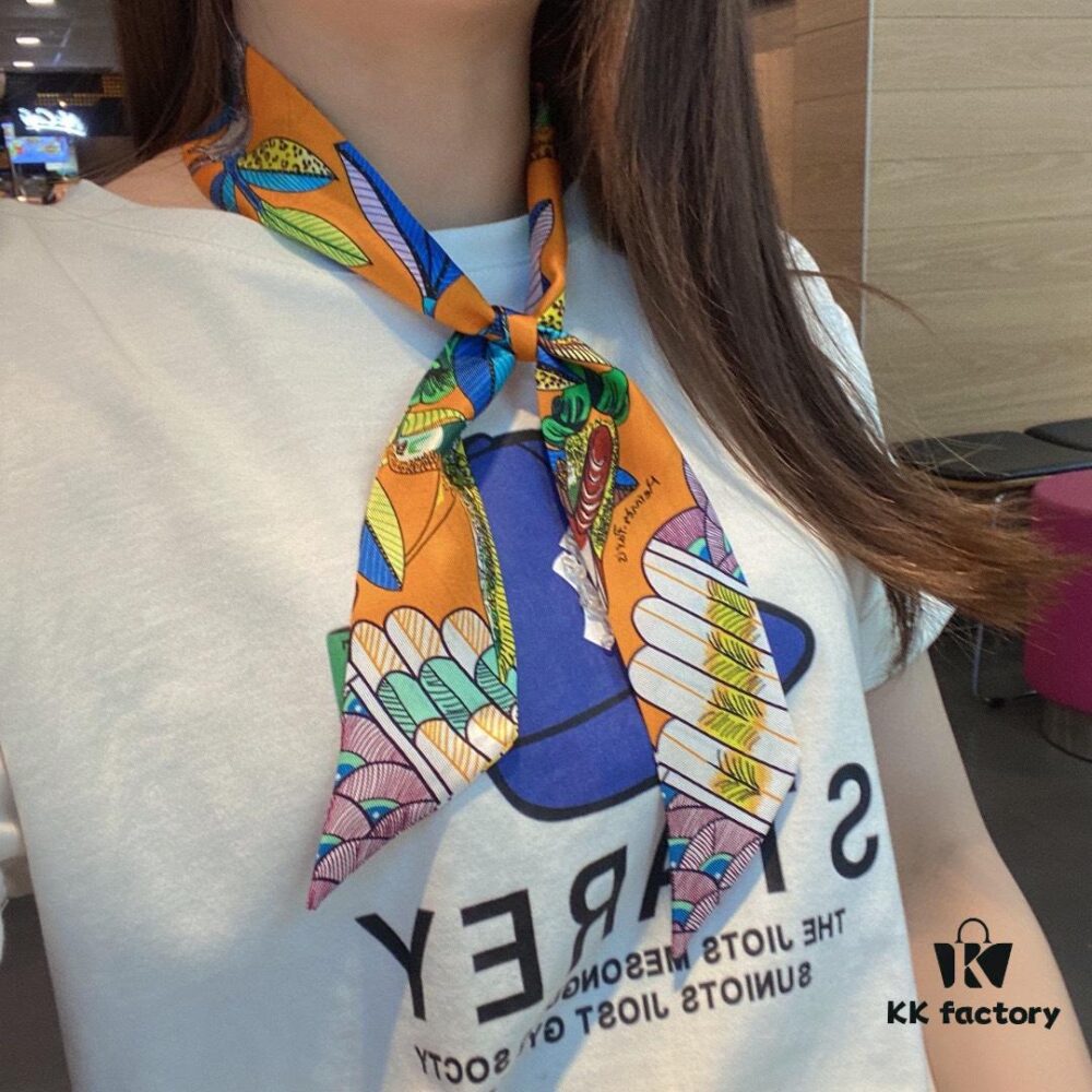 Hermes Branch Song Small Silk Scarf with Packaging, Soft and Skin-Friendly, Stylish Design, Multi-Purpose Use as Hairband, Bag Accessory, or Neck Ribbon, 85×6cm Fringe