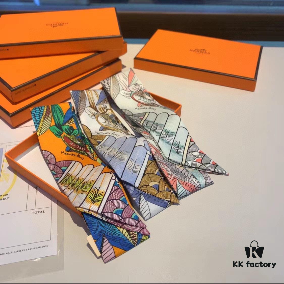 Hermes Branch Song Small Silk Scarf with Packaging, Soft and Skin-Friendly, Stylish Design, Multi-Purpose Use as Hairband, Bag Accessory, or Neck Ribbon, 85×6cm Fringe