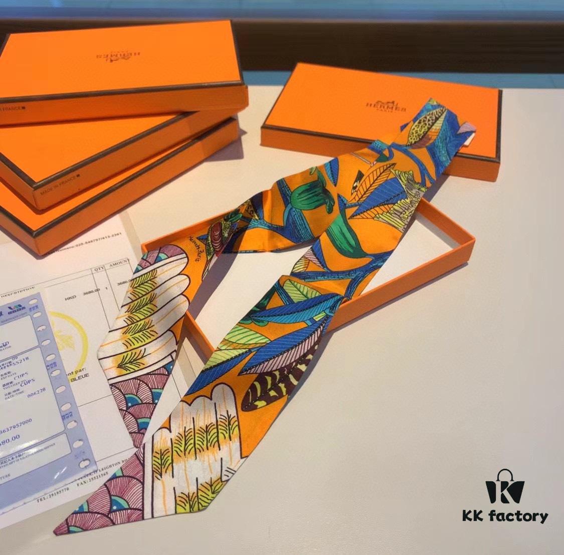 Hermes Branch Song Small Silk Scarf with Packaging, Soft and Skin-Friendly, Stylish Design, Multi-Purpose Use as Hairband, Bag Accessory, or Neck Ribbon, 85×6cm Fringe