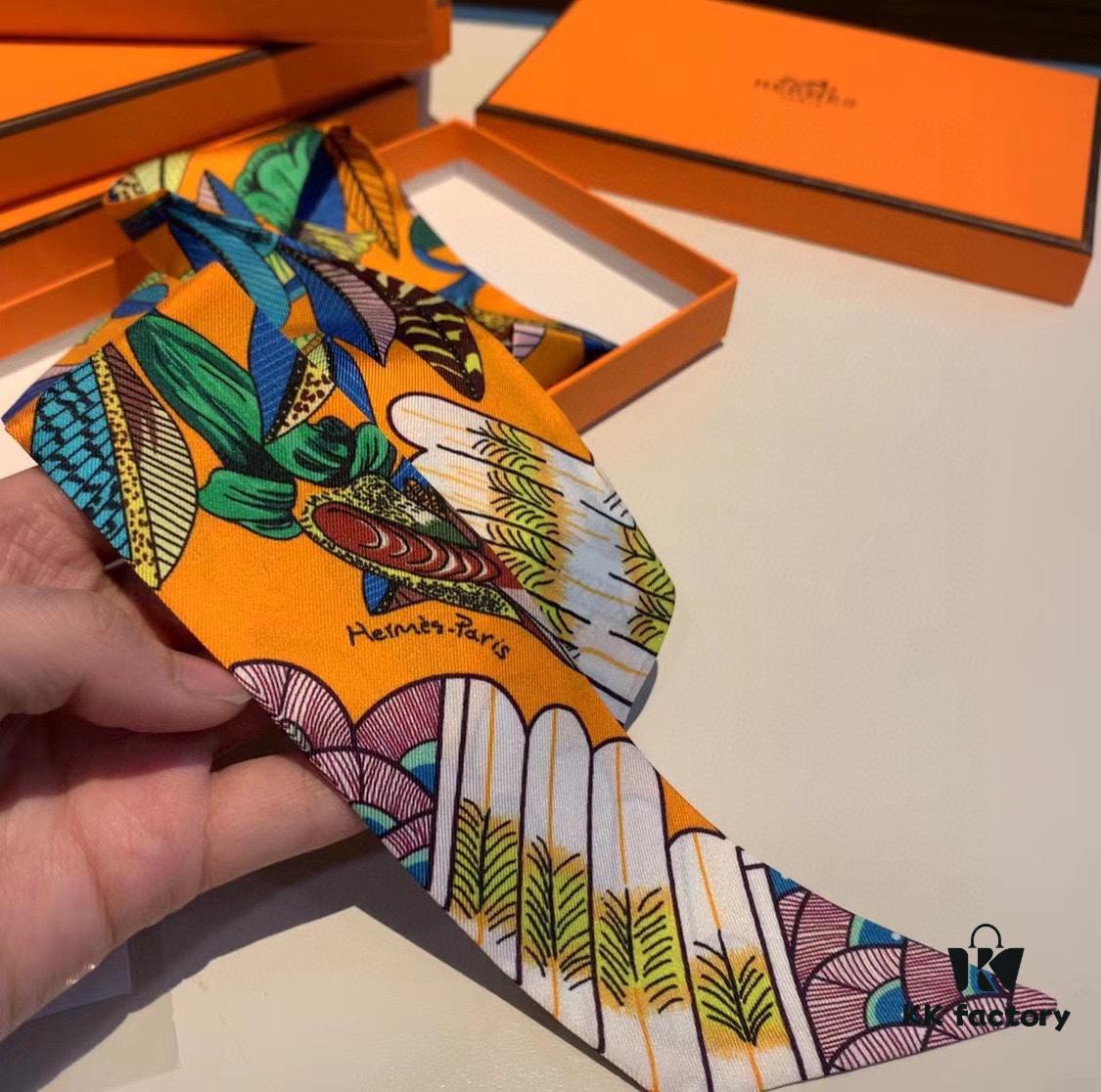 Hermes Branch Song Small Silk Scarf with Packaging, Soft and Skin-Friendly, Stylish Design, Multi-Purpose Use as Hairband, Bag Accessory, or Neck Ribbon, 85×6cm Fringe