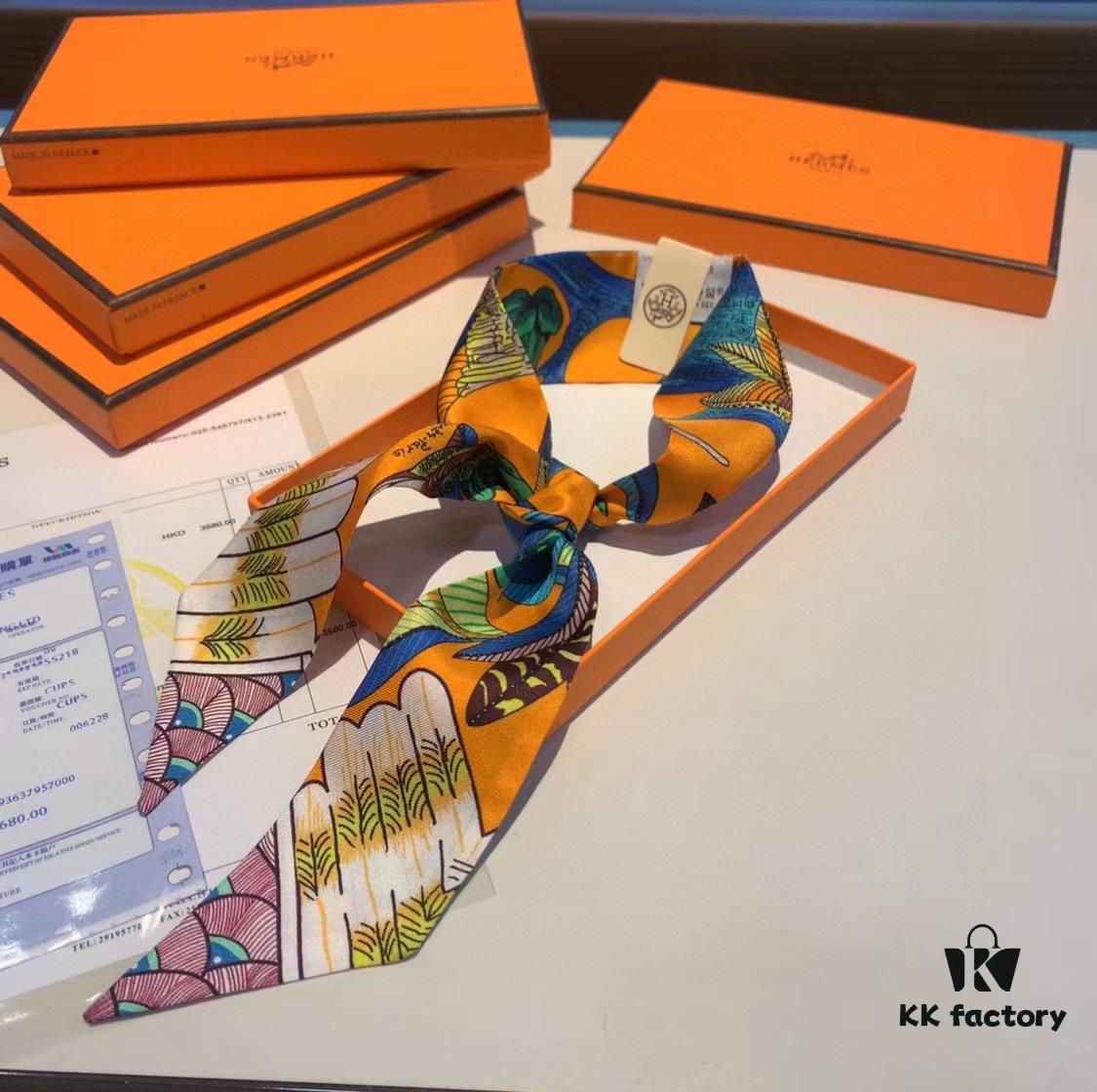 Hermes Branch Song Small Silk Scarf with Packaging, Soft and Skin-Friendly, Stylish Design, Multi-Purpose Use as Hairband, Bag Accessory, or Neck Ribbon, 85×6cm Fringe