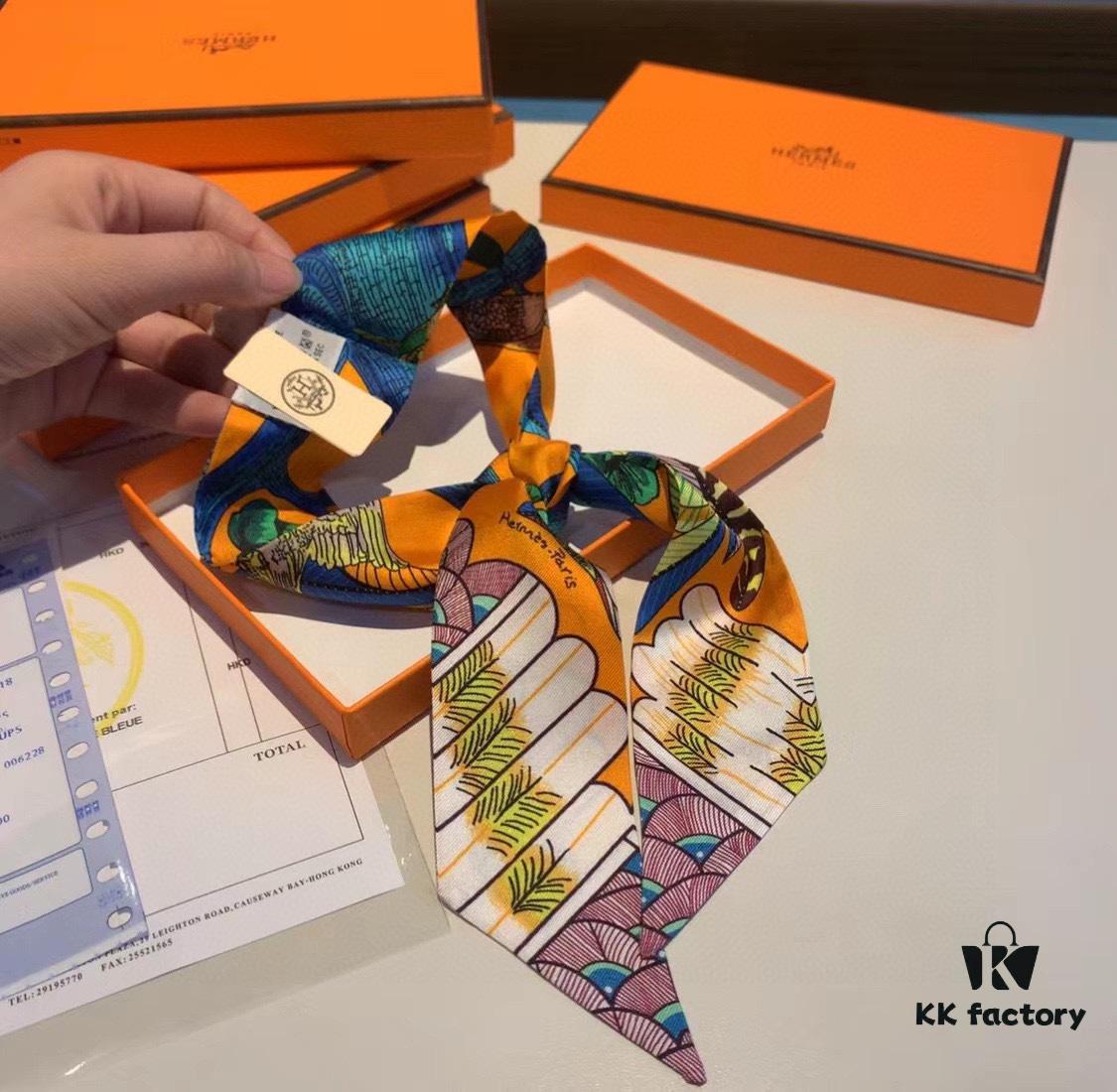 Hermes Branch Song Small Silk Scarf with Packaging, Soft and Skin-Friendly, Stylish Design, Multi-Purpose Use as Hairband, Bag Accessory, or Neck Ribbon, 85×6cm Fringe