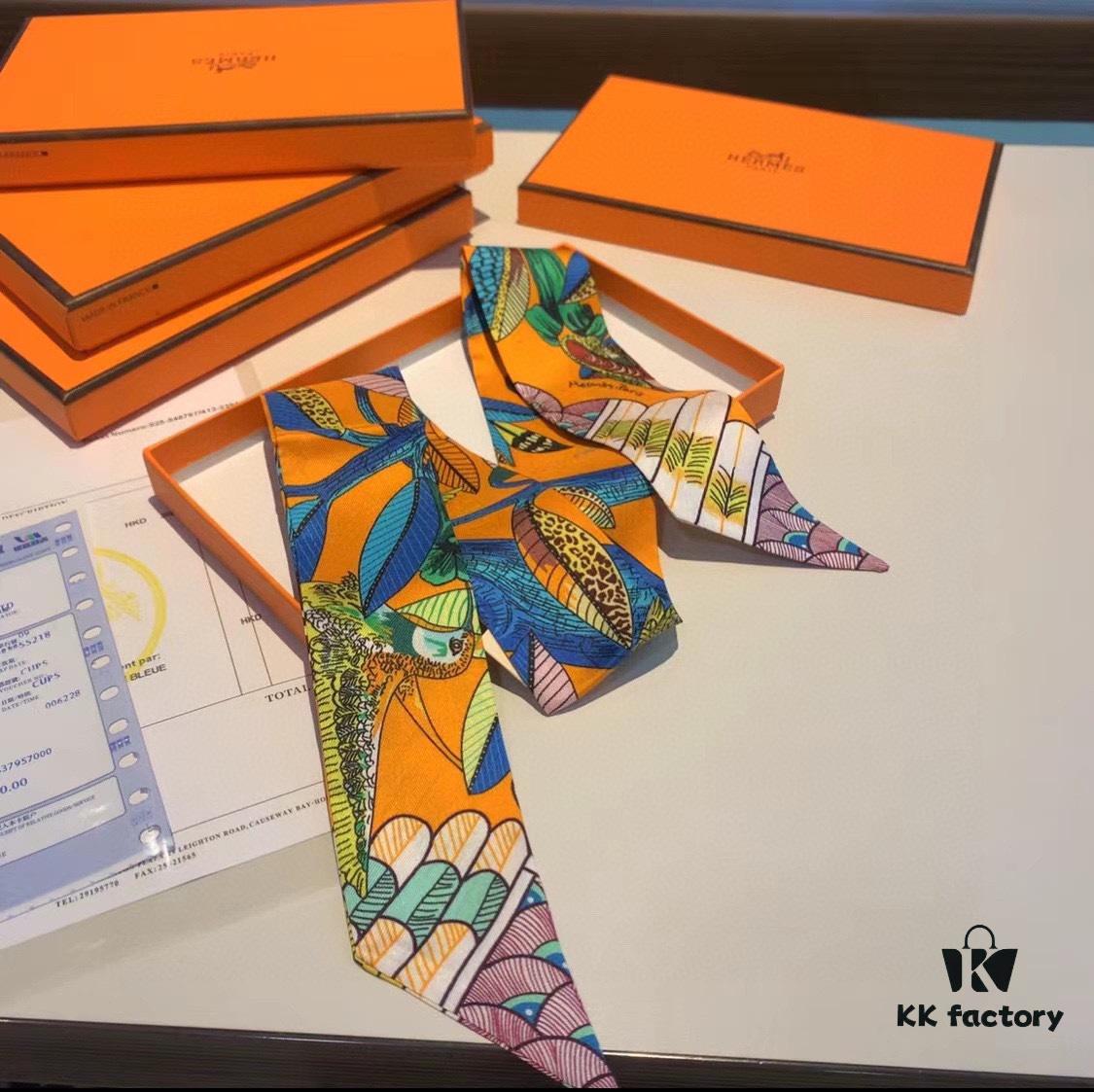 Hermes Branch Song Small Silk Scarf with Packaging, Soft and Skin-Friendly, Stylish Design, Multi-Purpose Use as Hairband, Bag Accessory, or Neck Ribbon, 85×6cm Fringe