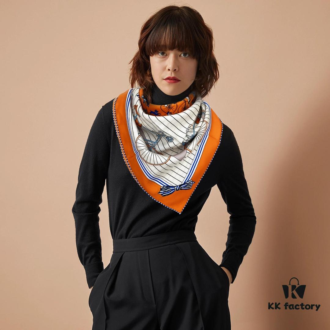 Bicycle 90 Silk Scarf, 100% Twill Silk, 90cm*90cm, Top Craftsmanship Design, Highly Valued by Customers
