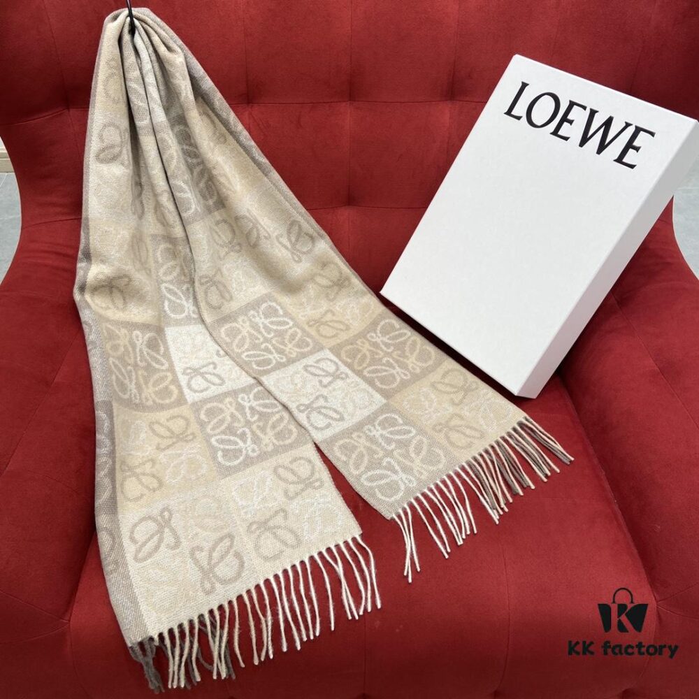 Bestseller LOEWE Unisex Bicolor Checkered Scarf Made Entirely of Anagram Pattern, Retro and Stylish with Super Soft and Comfortable Touch, 90% Wool 10% Cashmere, 40cm x 180cm