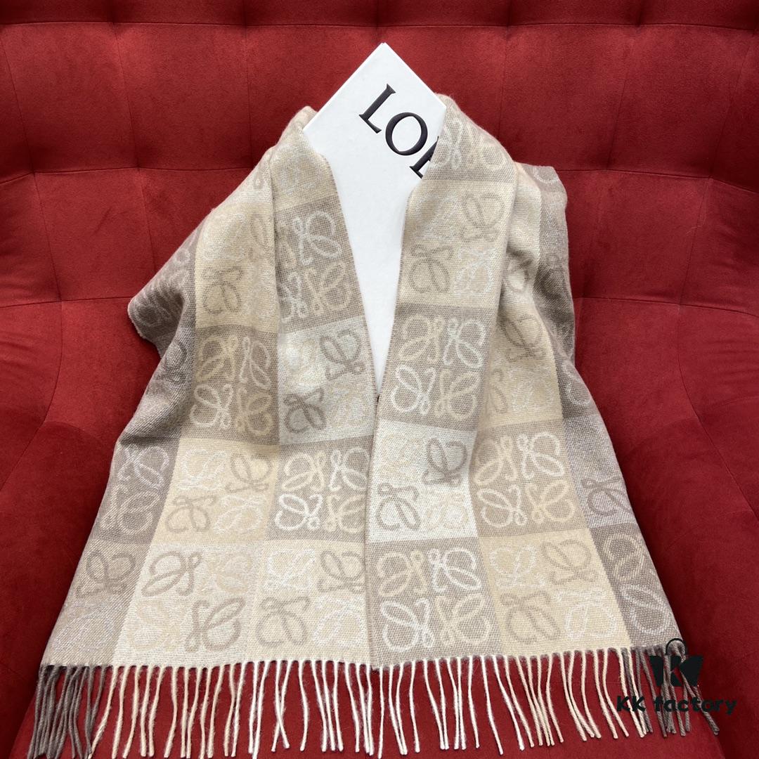 Bestseller LOEWE Unisex Bicolor Checkered Scarf Made Entirely of Anagram Pattern, Retro and Stylish with Super Soft and Comfortable Touch, 90% Wool 10% Cashmere, 40cm x 180cm