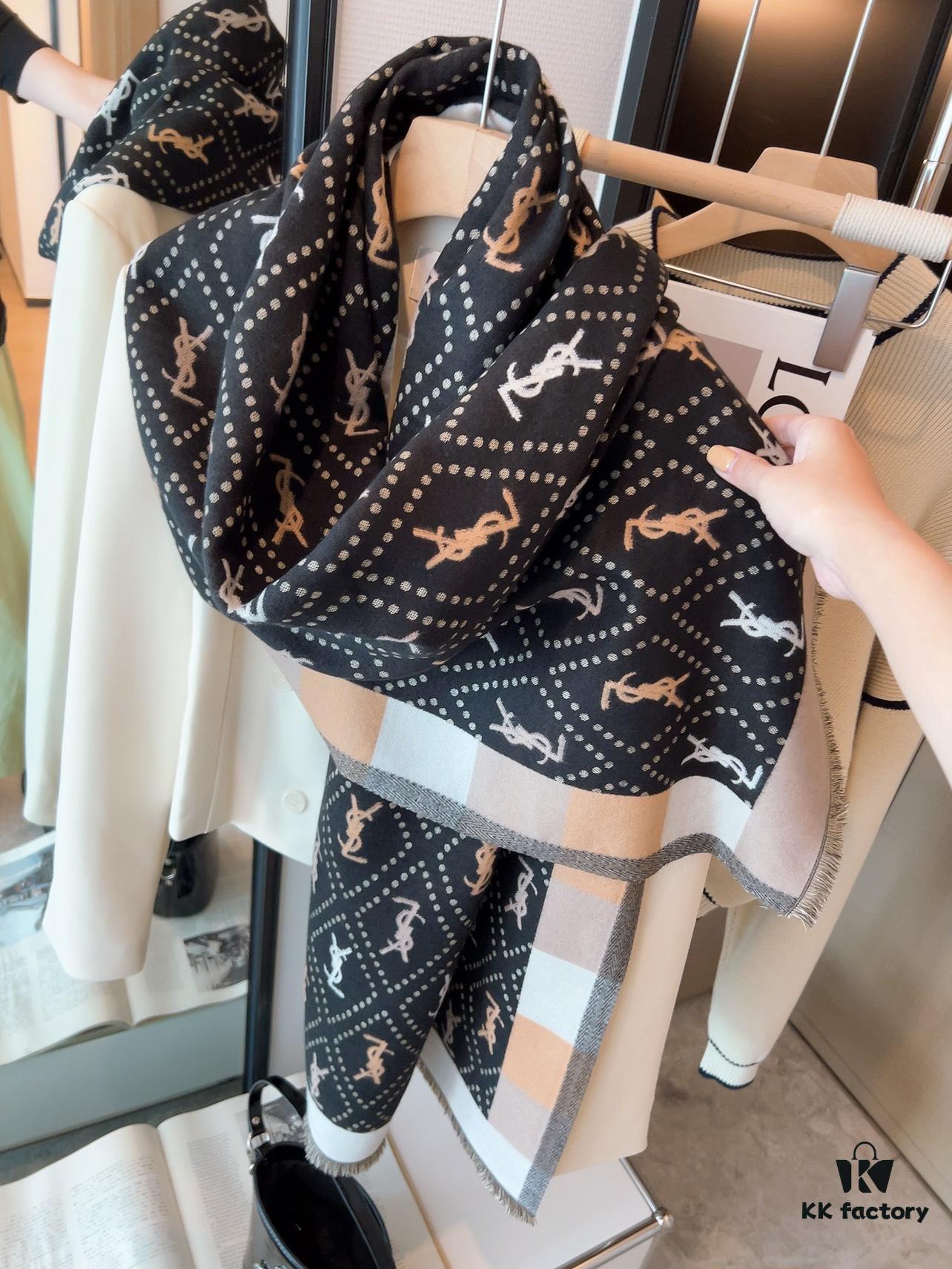 Hot New Arrival! Authentic YSL Saint Laurent Lambswool Scarf, Double-Sided Deep Ripple Texture, Made in Italy, Unisex Luxury Fashion Accessory