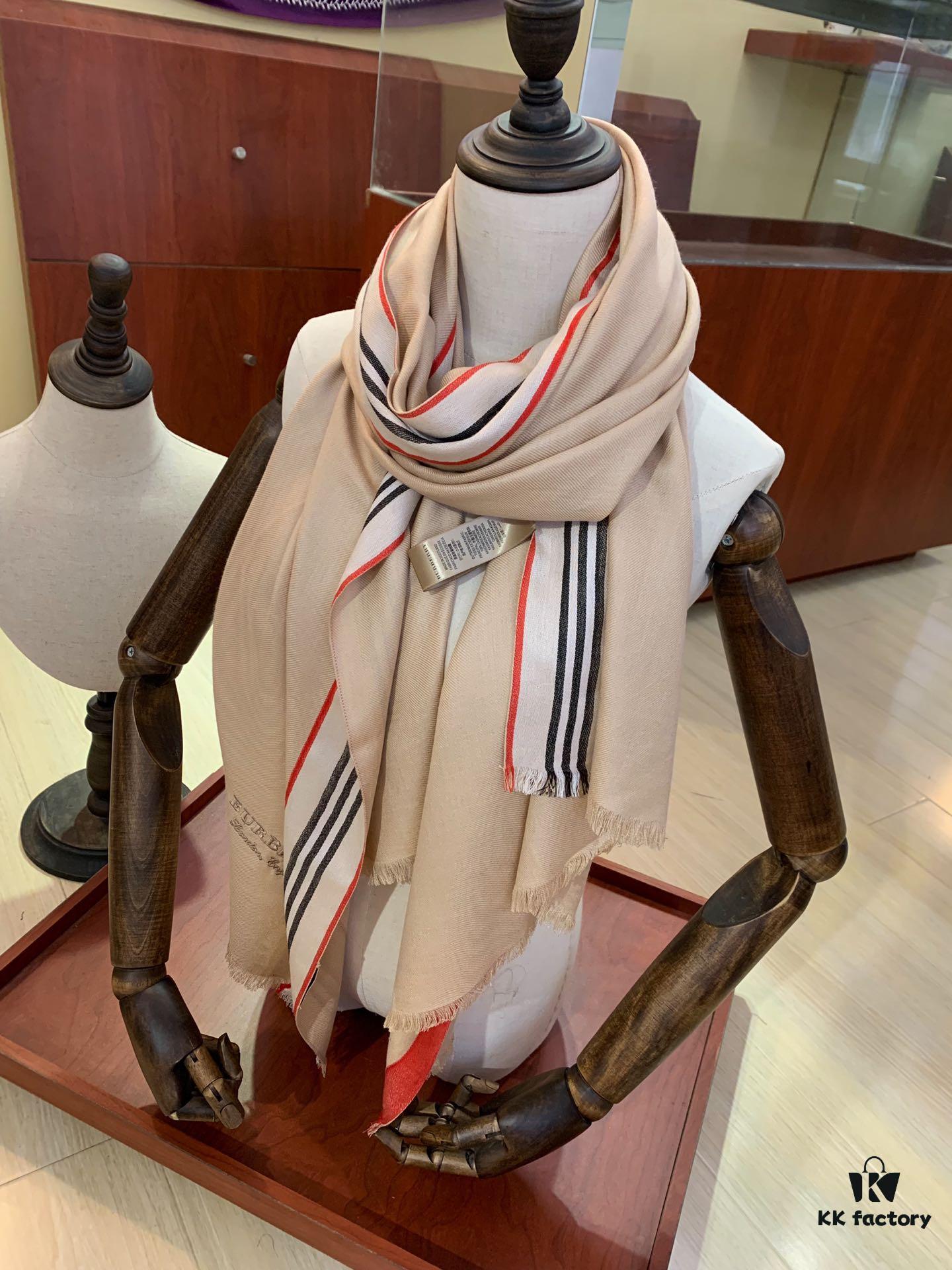 Burberry New Scarf – Elegant Solid Color with Subtle Stripes, Silk-Cashmere Blend, Lightweight and Warm