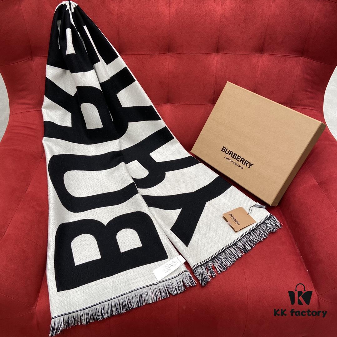 Black and White BURBERRY Classic Large Letter Scarf, 100% Wool, 33*188cm