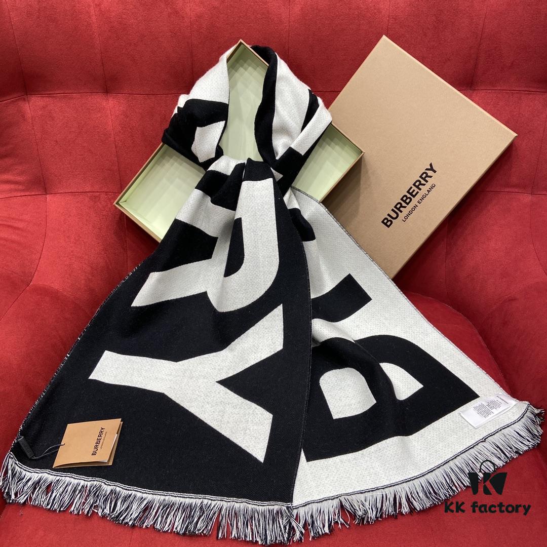 Black and White BURBERRY Classic Large Letter Scarf, 100% Wool, 33*188cm