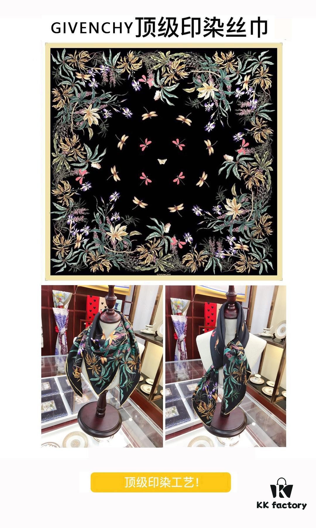 CIVENCHY 90x90cm Luxury Silk Scarf in 100% Mulberry Silk – Elegant Fringe Design, High-End Fashion Accessory