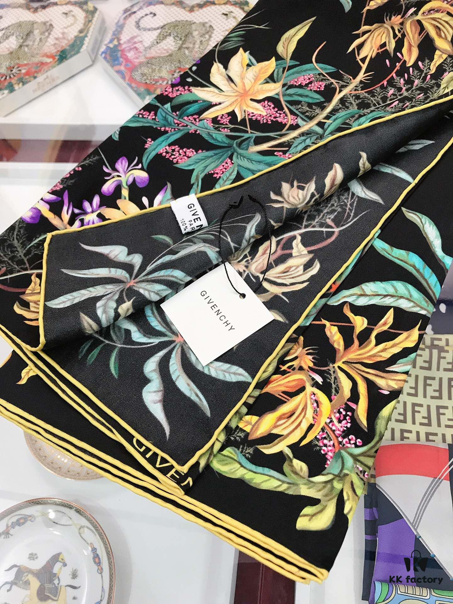 CIVENCHY 90x90cm Luxury Silk Scarf in 100% Mulberry Silk – Elegant Fringe Design, High-End Fashion Accessory