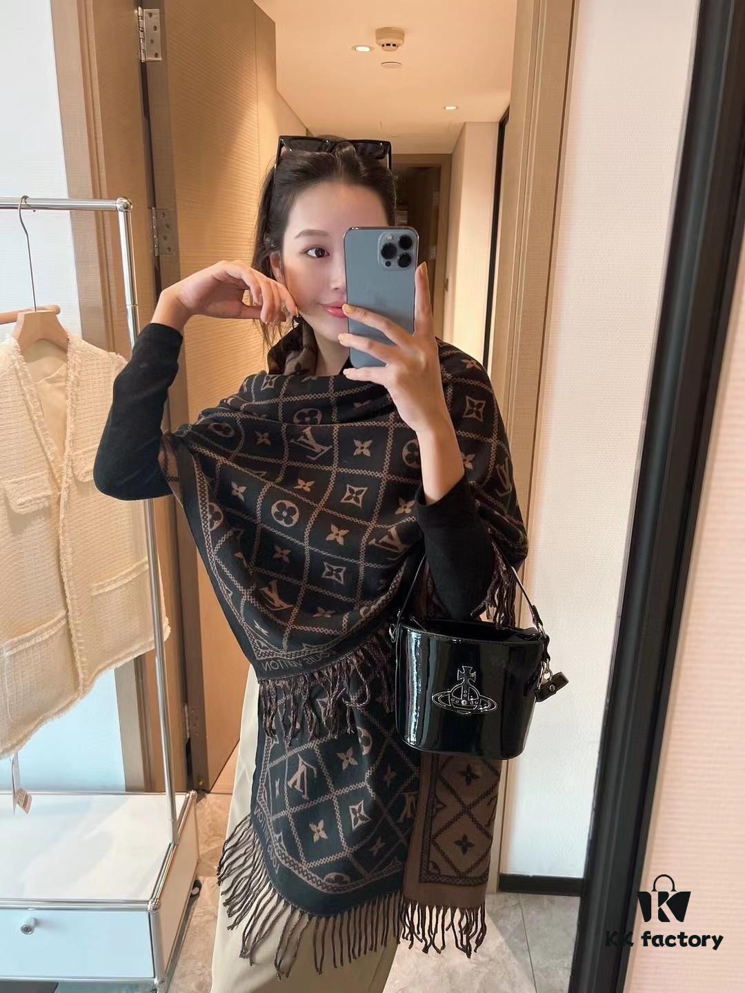 LV Monogram Double-Sided Cashmere Scarf in Black