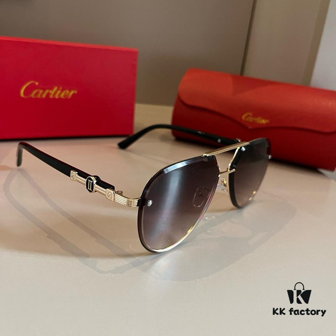 Cartier Men's Official Website 1:1 Large Aviator Sunglasses, High-End and Elegant, Minimalist Signature Logo on Temples, Luxurious Eyewear