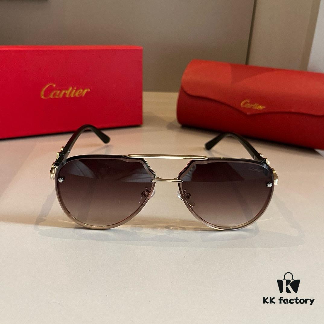 Cartier Men's Official Website 1:1 Large Aviator Sunglasses, High-End and Elegant, Minimalist Signature Logo on Temples, Luxurious Eyewear