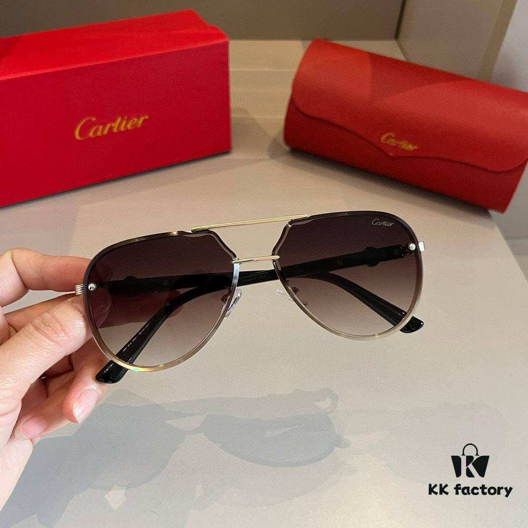 Cartier Men's Official Website 1:1 Large Aviator Sunglasses, High-End and Elegant, Minimalist Signature Logo on Temples, Luxurious Eyewear