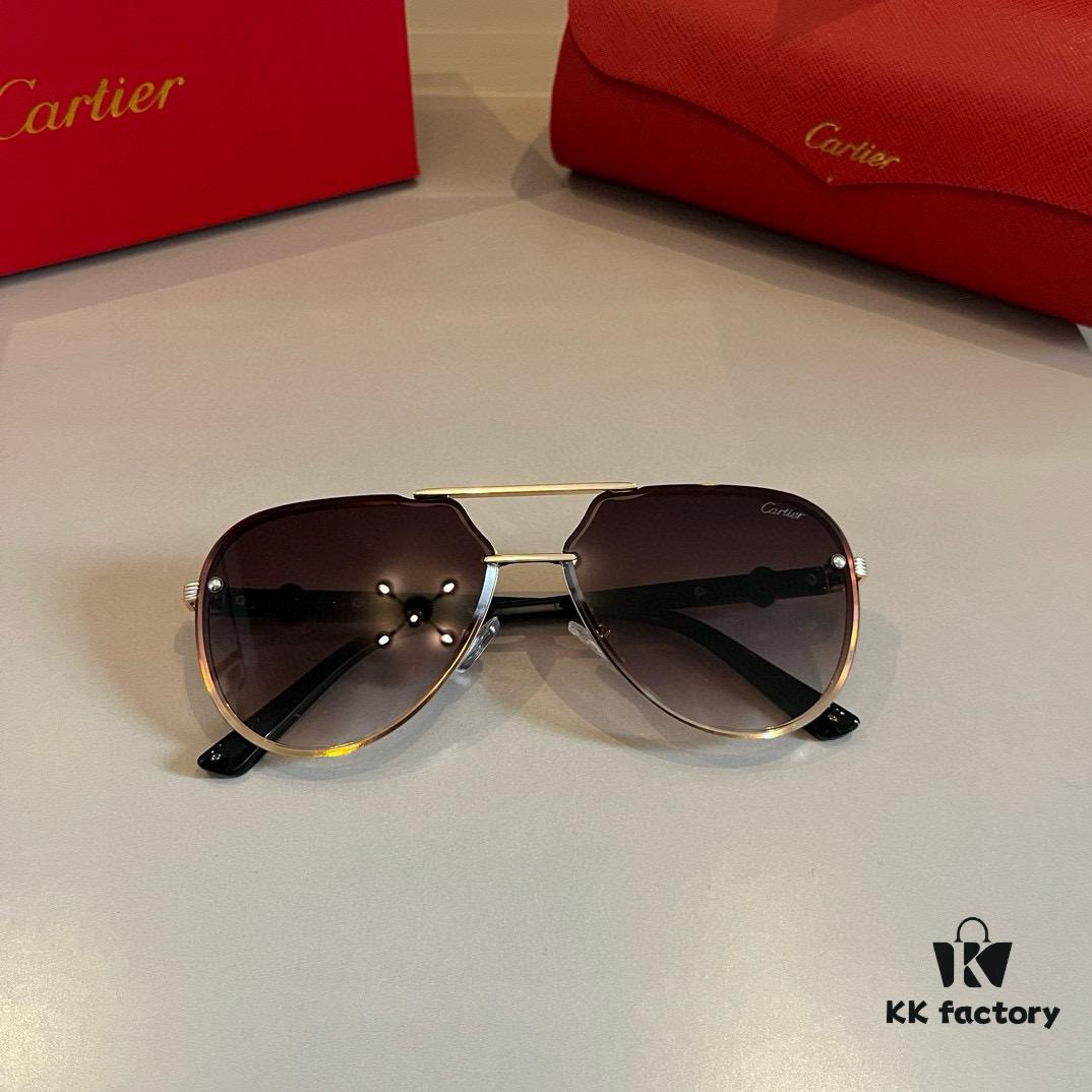 Cartier Men's Official Website 1:1 Large Aviator Sunglasses, High-End and Elegant, Minimalist Signature Logo on Temples, Luxurious Eyewear
