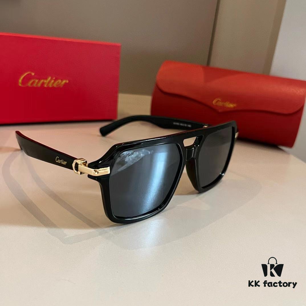 Cartier Men's Official Website 1:1 Large Aviator Sunglasses, High-End and Elegant, Featuring Minimalist Signature Logo on Temples, Luxurious Eyewear