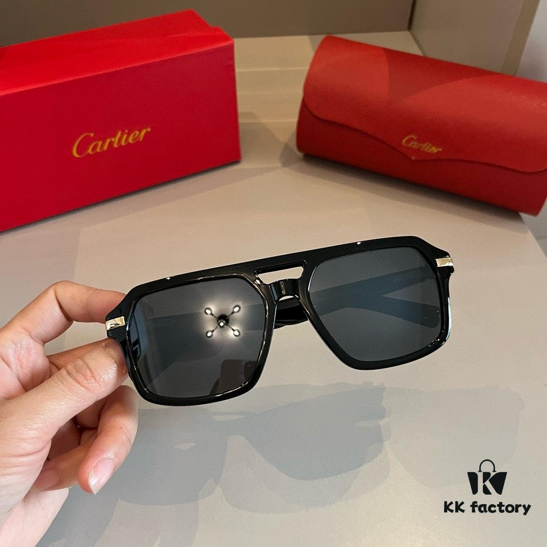Cartier Men's Official Website 1:1 Large Aviator Sunglasses, High-End and Elegant, Featuring Minimalist Signature Logo on Temples, Luxurious Eyewear
