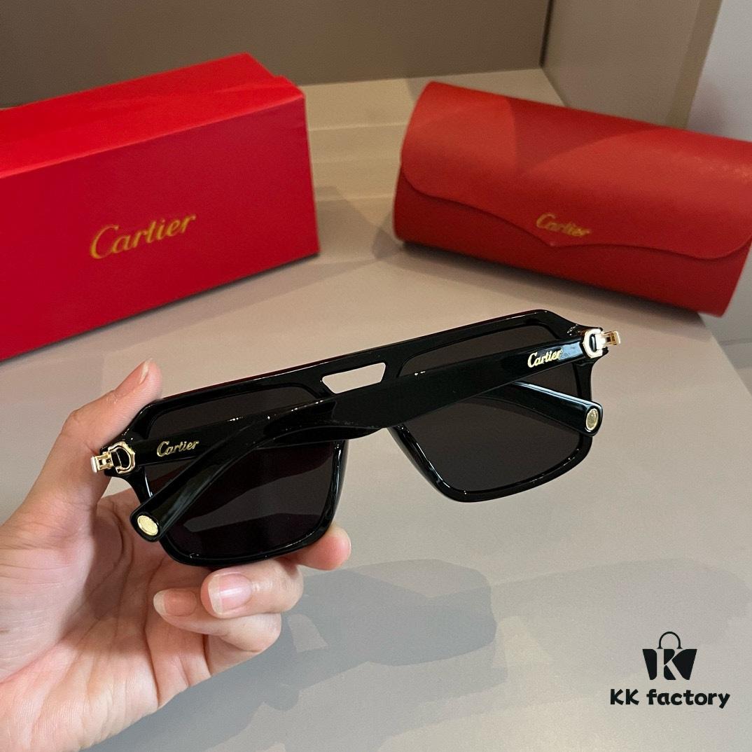 Cartier Men's Official Website 1:1 Large Aviator Sunglasses, High-End and Elegant, Featuring Minimalist Signature Logo on Temples, Luxurious Eyewear