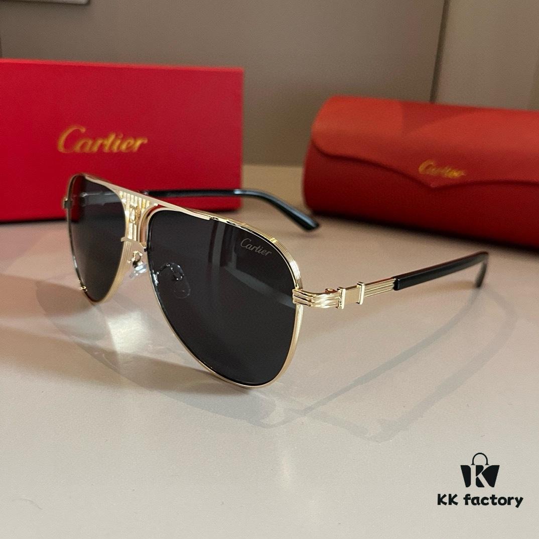 Cartier Men's Official Website 1:1 Large Aviator Sunglasses, High-End and Elegant, Featuring Minimalist Signature Logo on Temples, Luxurious Eyewear