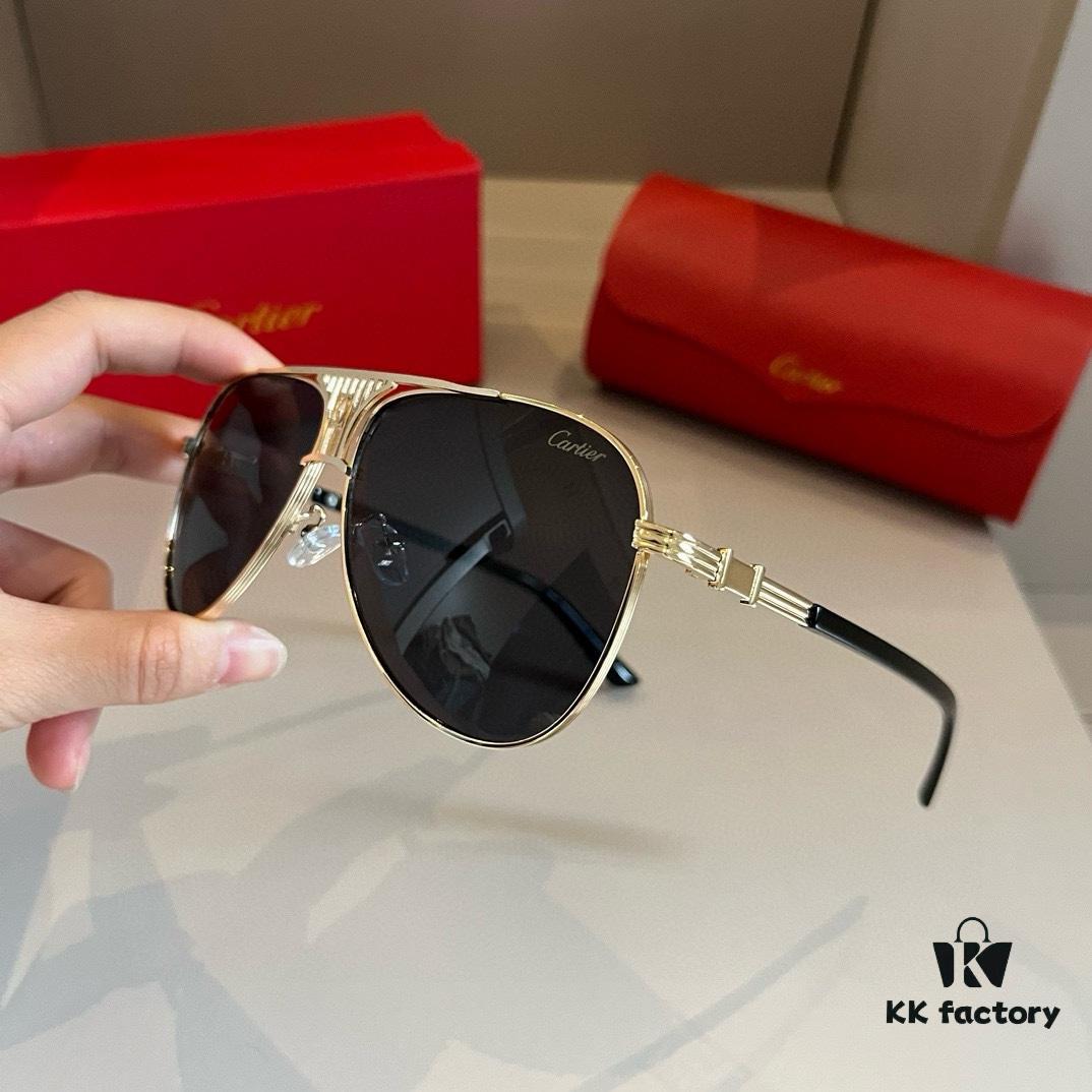 Cartier Men's Official Website 1:1 Large Aviator Sunglasses, High-End and Elegant, Featuring Minimalist Signature Logo on Temples, Luxurious Eyewear