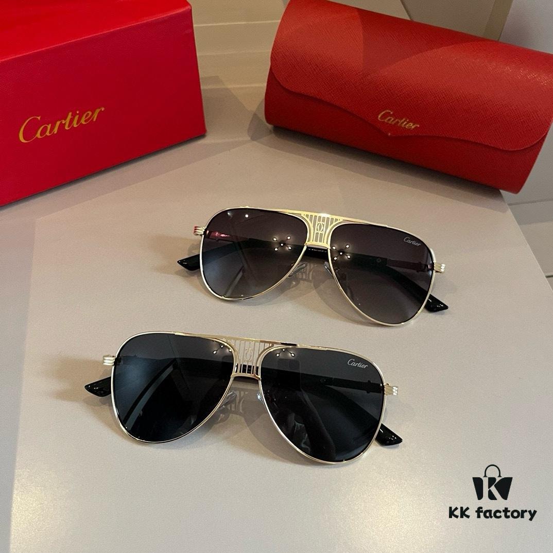 Cartier Men's Official Website 1:1 Large Aviator Sunglasses, High-End and Elegant, Featuring Minimalist Signature Logo on Temples, Luxurious Eyewear