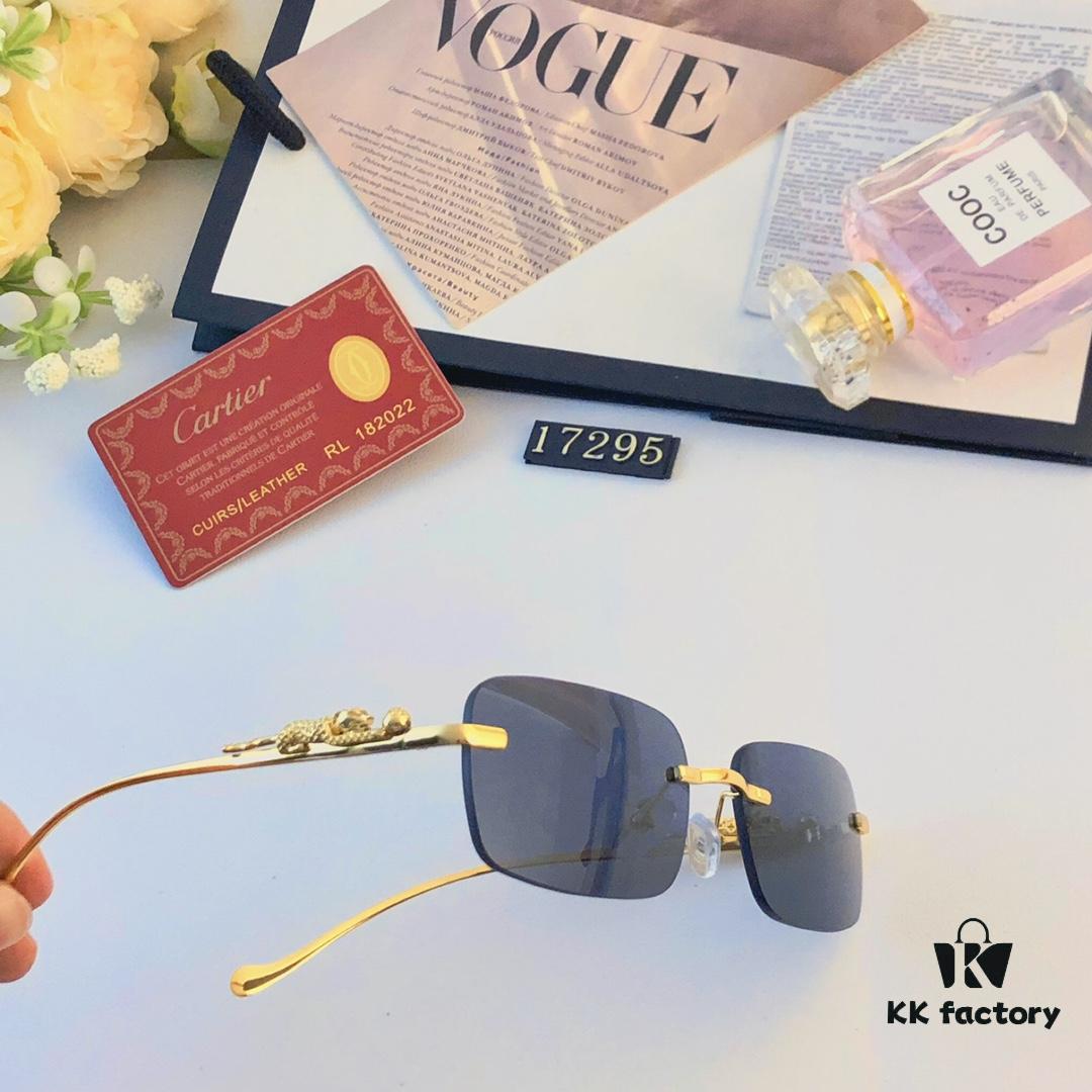 Cartier Fashion Frameless Sunglasses with Retro Leopard Head Decoration, Square Sunglasses for Men, UV Protection Driving Glasses