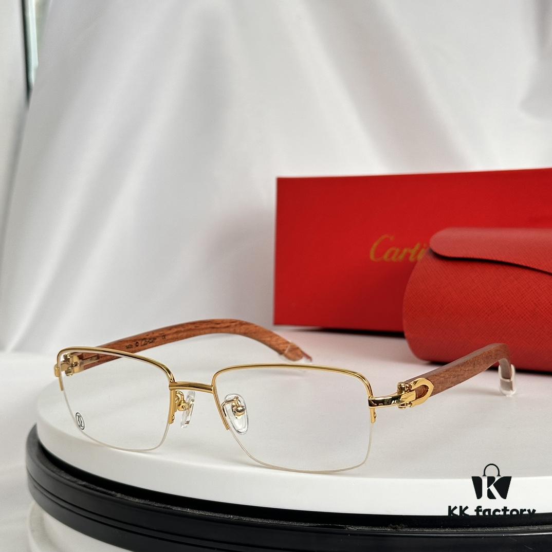 Cartier CT00420O Metal Spring Temple Wood Tips Optical Eyeglasses for Prescription, Size: 55-18-140