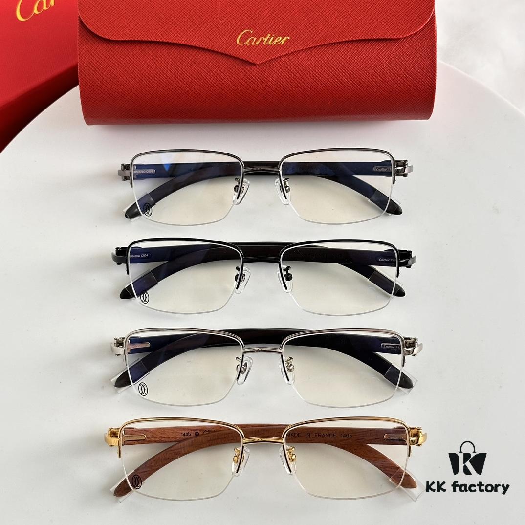 Cartier CT00420O Metal Spring Temple Wood Tips Optical Eyeglasses for Prescription, Size: 55-18-140