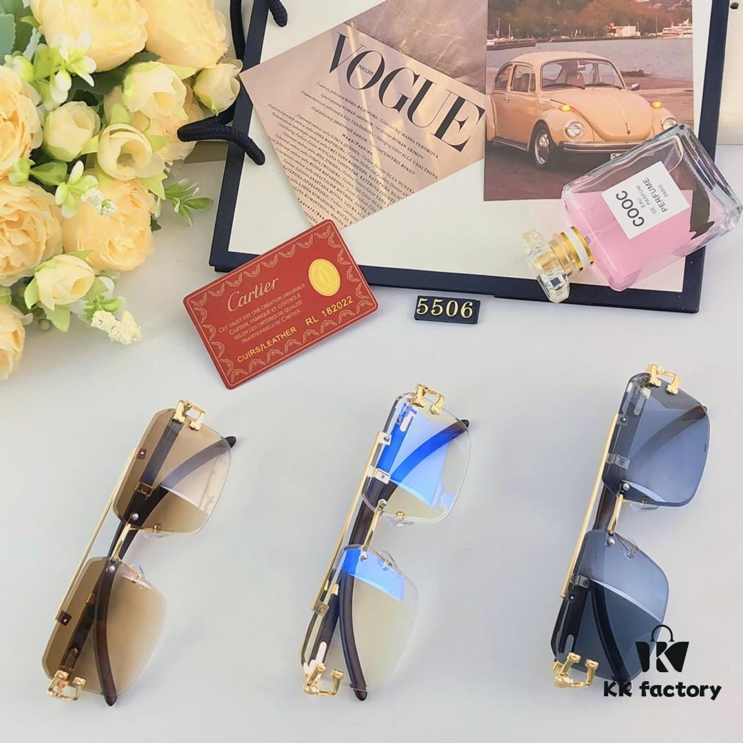 Cartier Retro Panther Rimless Cut-out Sunglasses, Fashionable Square Wooden Frame Unisex Sun Glasses