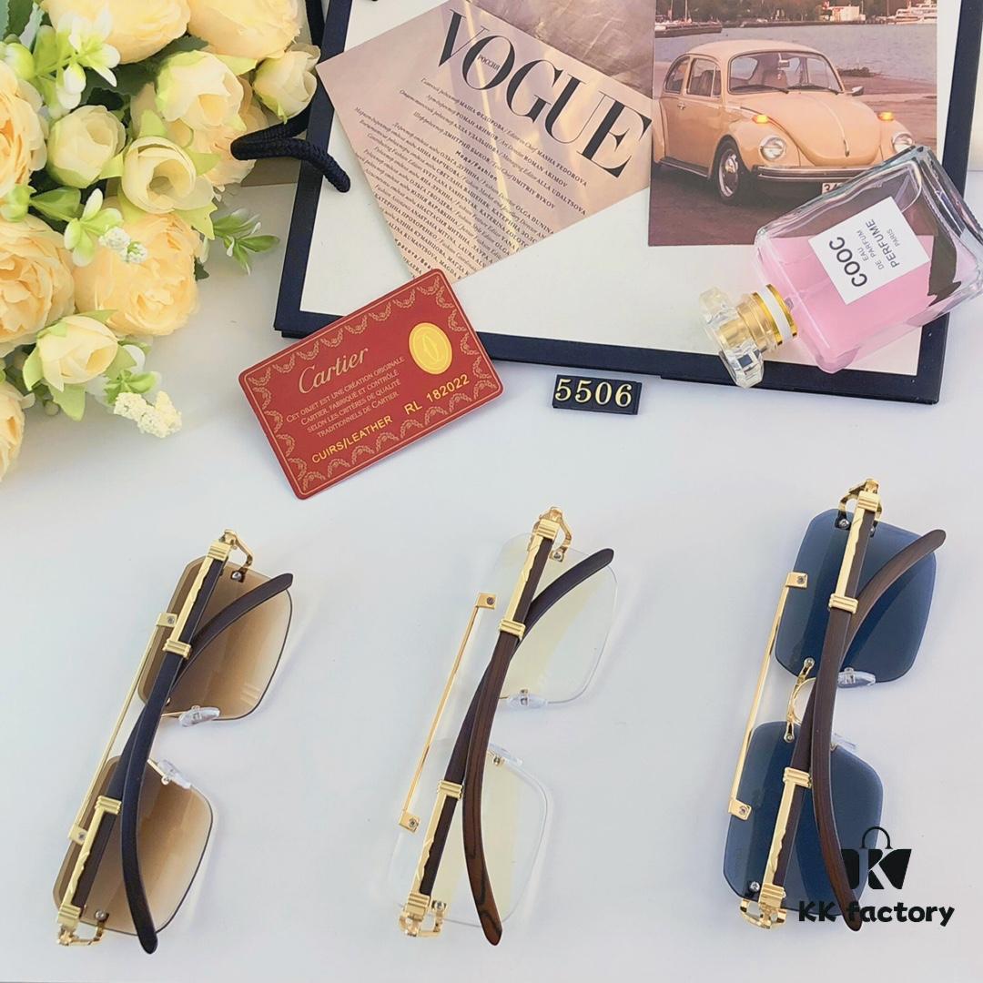 Cartier Retro Panther Rimless Cut-out Sunglasses, Fashionable Square Wooden Frame Unisex Sun Glasses