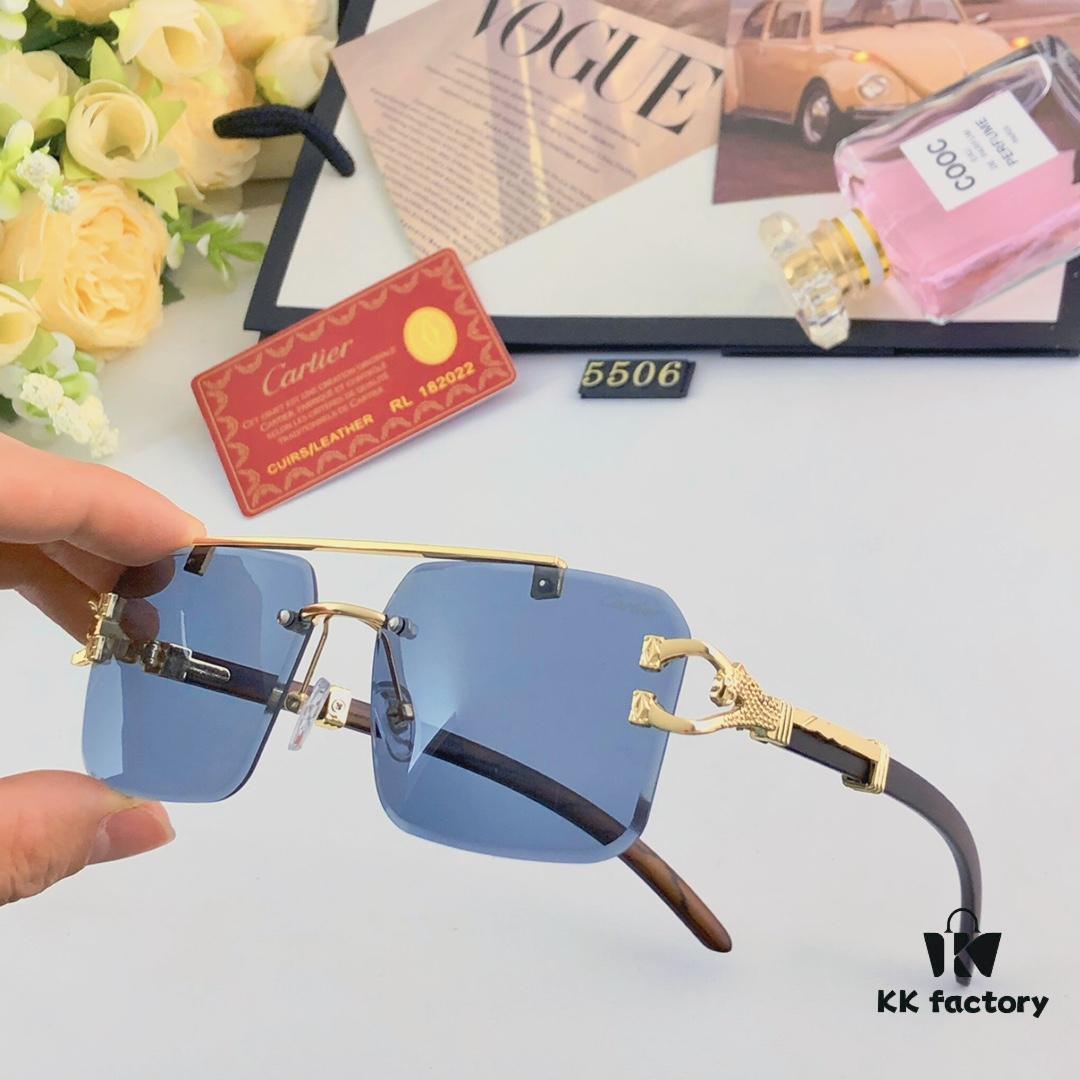 Cartier Retro Panther Rimless Cut-out Sunglasses, Fashionable Square Wooden Frame Unisex Sun Glasses