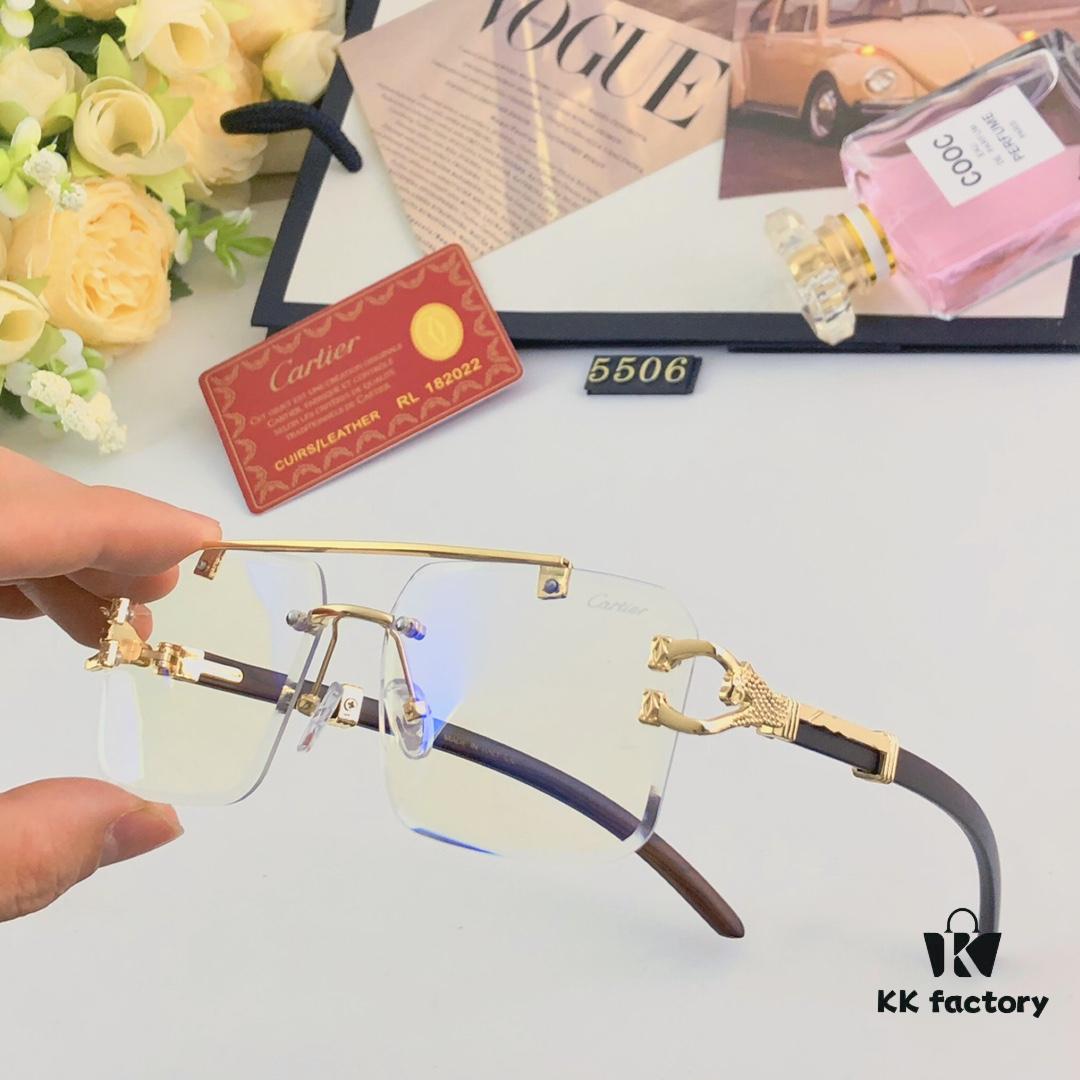 Cartier Retro Panther Rimless Cut-out Sunglasses, Fashionable Square Wooden Frame Unisex Sun Glasses