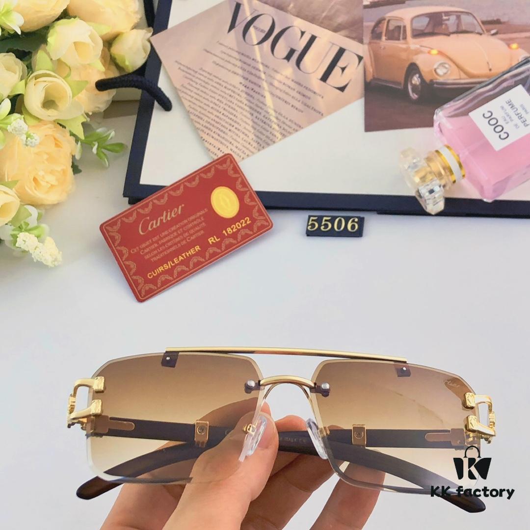 Cartier Retro Panther Rimless Cut-out Sunglasses, Fashionable Square Wooden Frame Unisex Sun Glasses