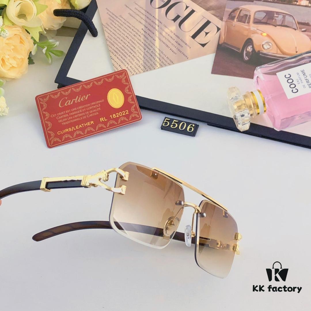 Cartier Retro Panther Rimless Cut-out Sunglasses, Fashionable Square Wooden Frame Unisex Sun Glasses