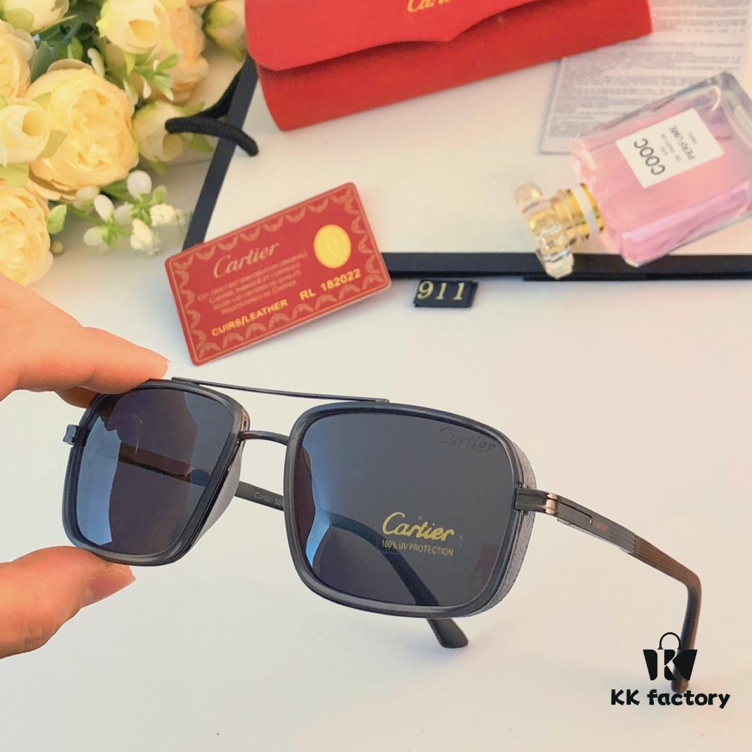 Cartier Men's New Wide Double-Bridge Sunglasses, Retro Square Polarized Sun Glasses, Fashionable Casual Shades