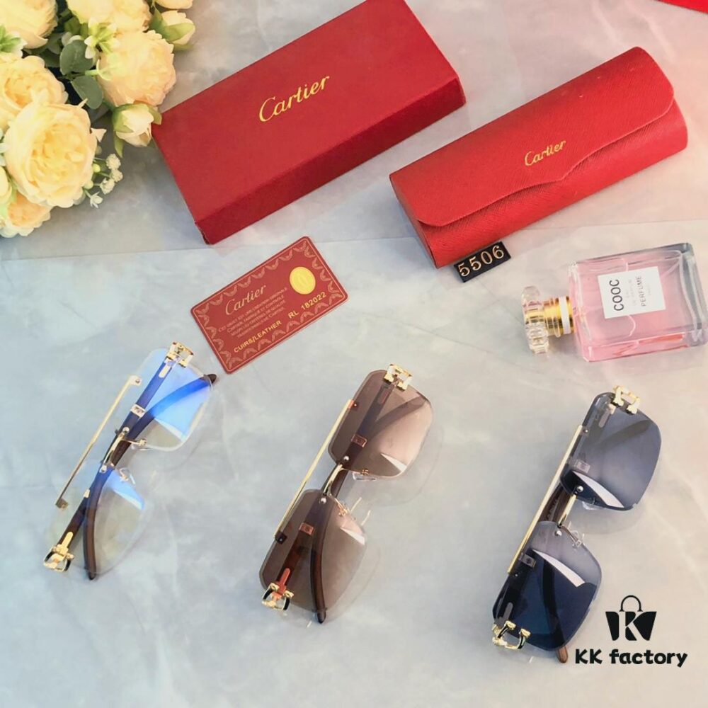 Cartier Wood Texture Panther Decor Frameless Horizontal Square Sunglasses, Fashionable Retro Gradient Sunglasses for Street Snap