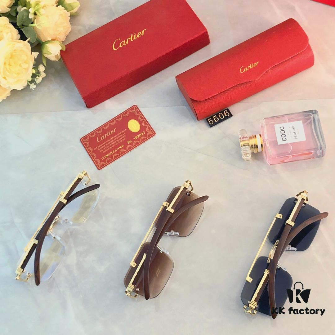 Cartier Wood Texture Panther Decor Frameless Horizontal Square Sunglasses, Fashionable Retro Gradient Sunglasses for Street Snap