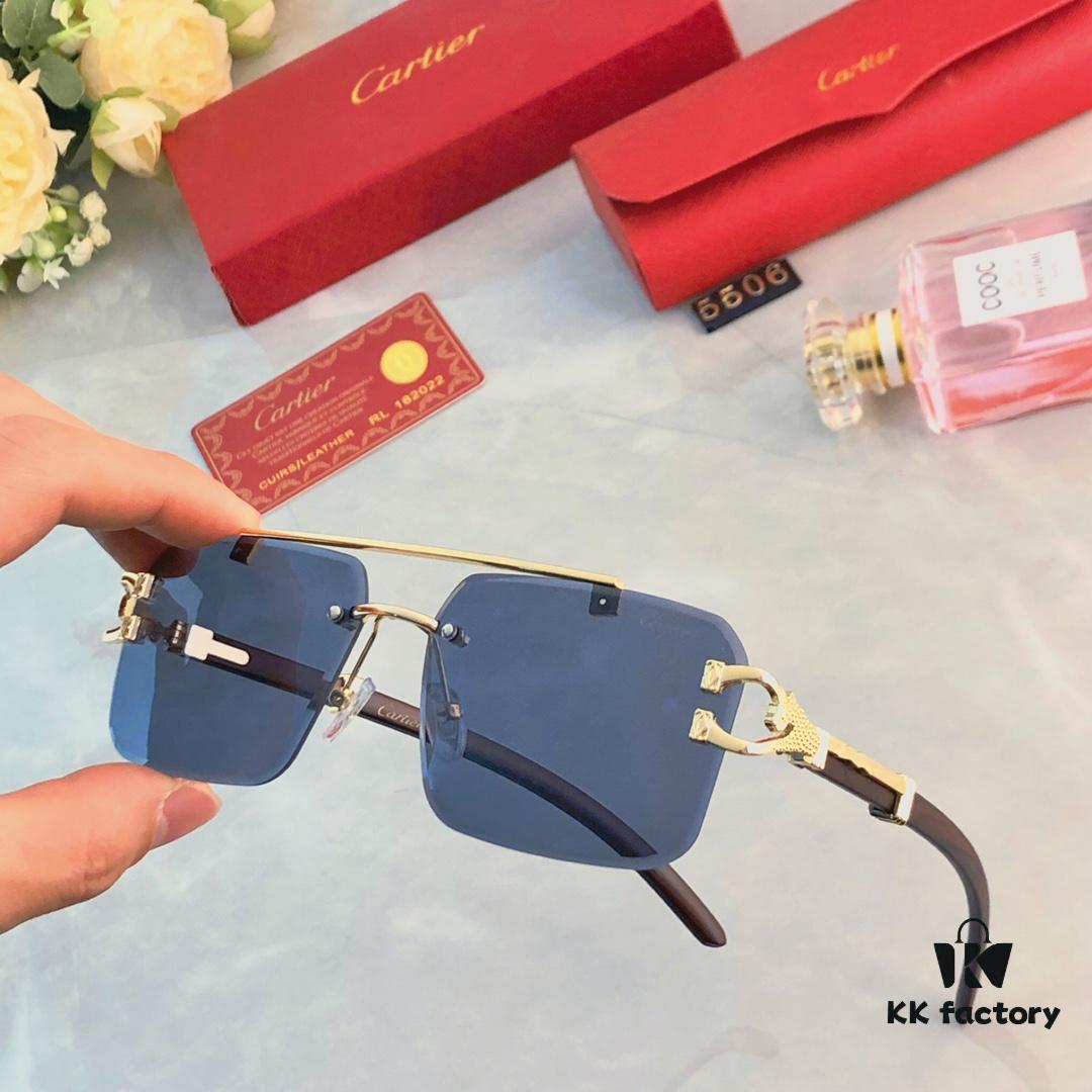Cartier Wood Texture Panther Decor Frameless Horizontal Square Sunglasses, Fashionable Retro Gradient Sunglasses for Street Snap