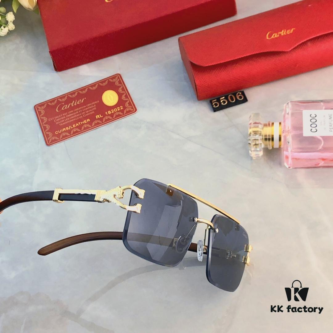 Cartier Wood Texture Panther Decor Frameless Horizontal Square Sunglasses, Fashionable Retro Gradient Sunglasses for Street Snap