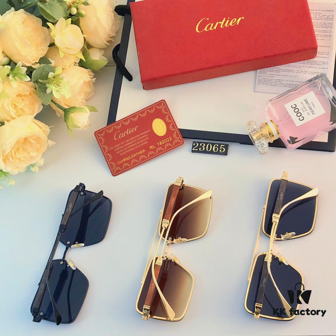 Cartier Korean-style Fashionable Minimalist Rimless Cut-out Sunglasses, Unisex Double Bridge with Wooden Temple, Vintage Sun Protection Shades