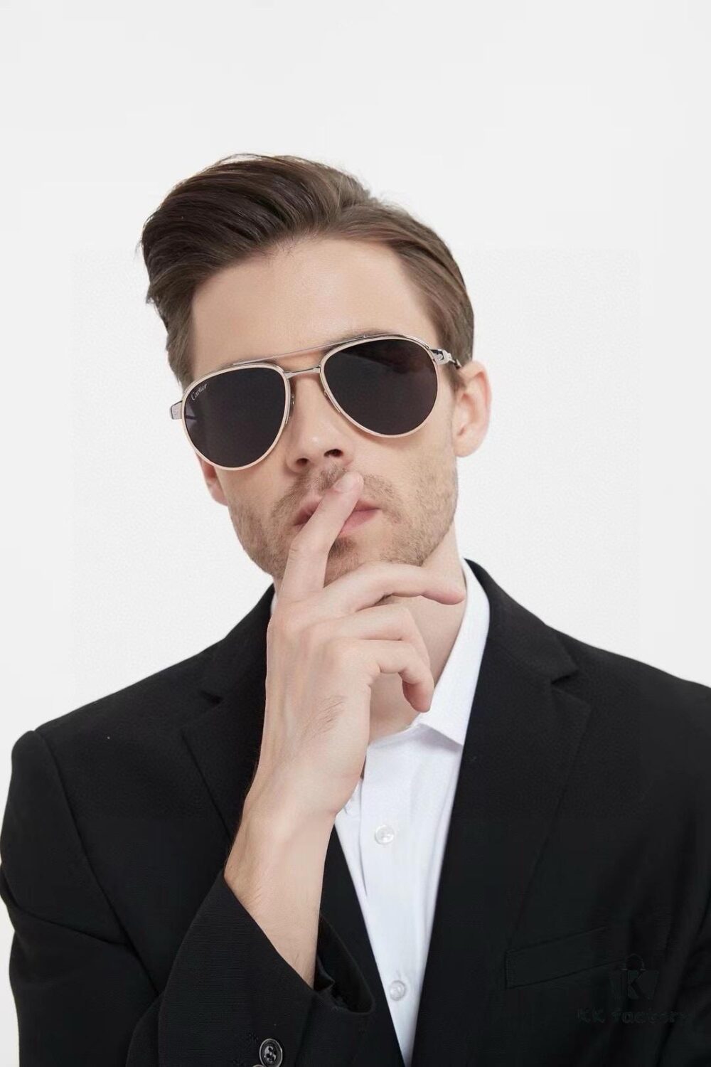 Santos de Cartier Original Spring Hinge Aviator Sunglasses, Gold Plated Brushed Platinum Bicolor Metal, High-Definition Authentic Lenses, Model 0325, Size 59-19 145