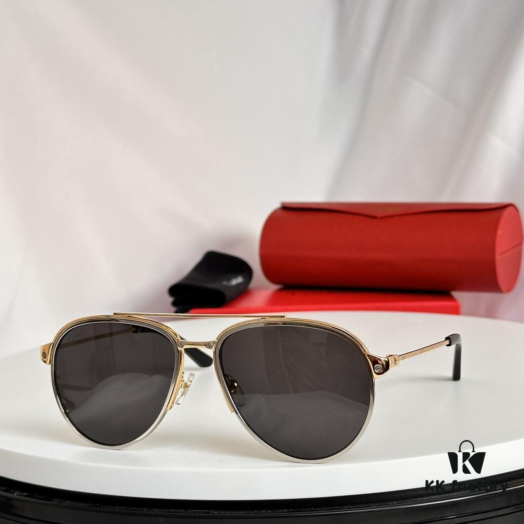 Santos de Cartier Original Spring Hinge Aviator Sunglasses, Gold Plated Brushed Platinum Bicolor Metal, High-Definition Authentic Lenses, Model 0325, Size 59-19 145